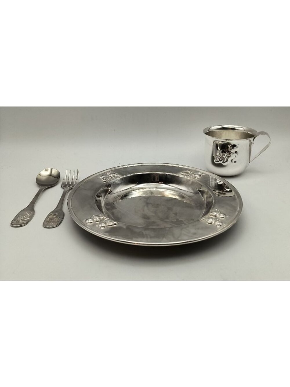 Vintage Childrens Silver Bears Silver-Plated Dish Set With Teddy Bear Motif